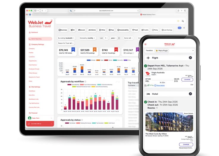 Webjet Business Travel platform displayed in mobile devices