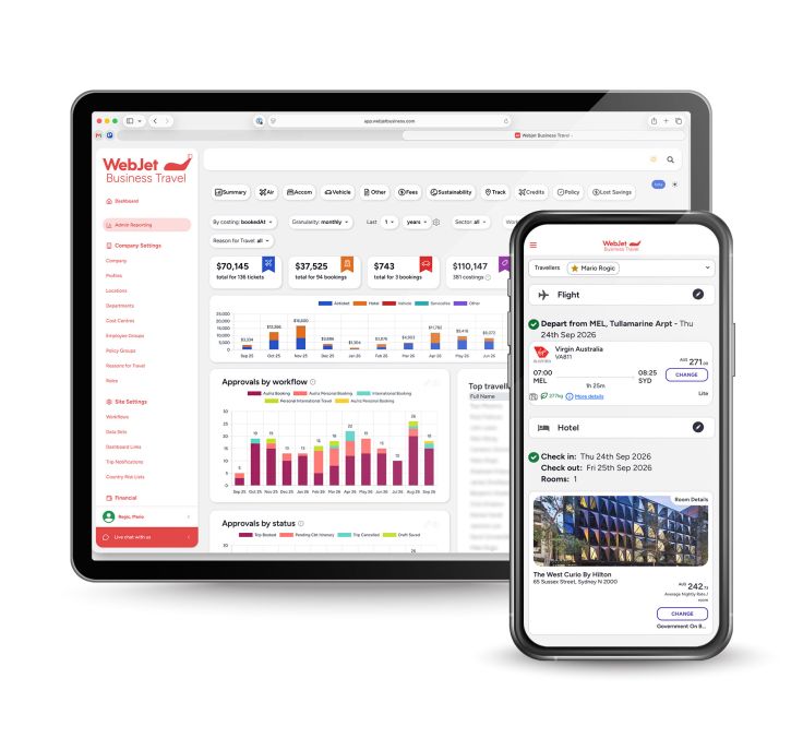 Webjet Business Travel platform displayed in mobile devices